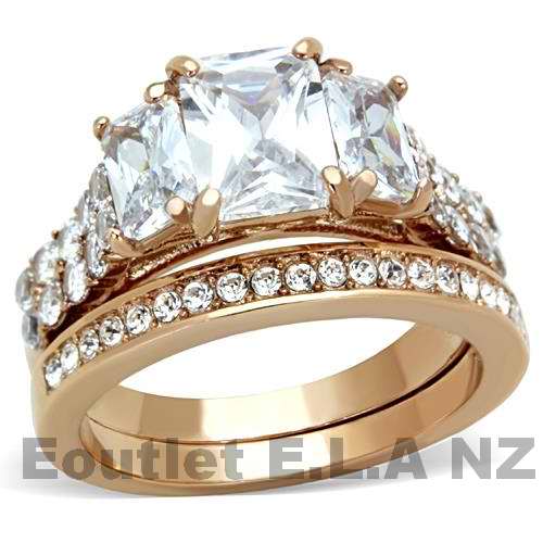 2.85CT CZ STAINLESS STEEL ROSE GOLD WEDDING SET-size 6/7